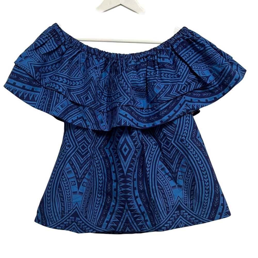 Eveni Pacific Bardot Top Womens 12 Peacock Blue Elei Print Ruffle Tribal Coastal